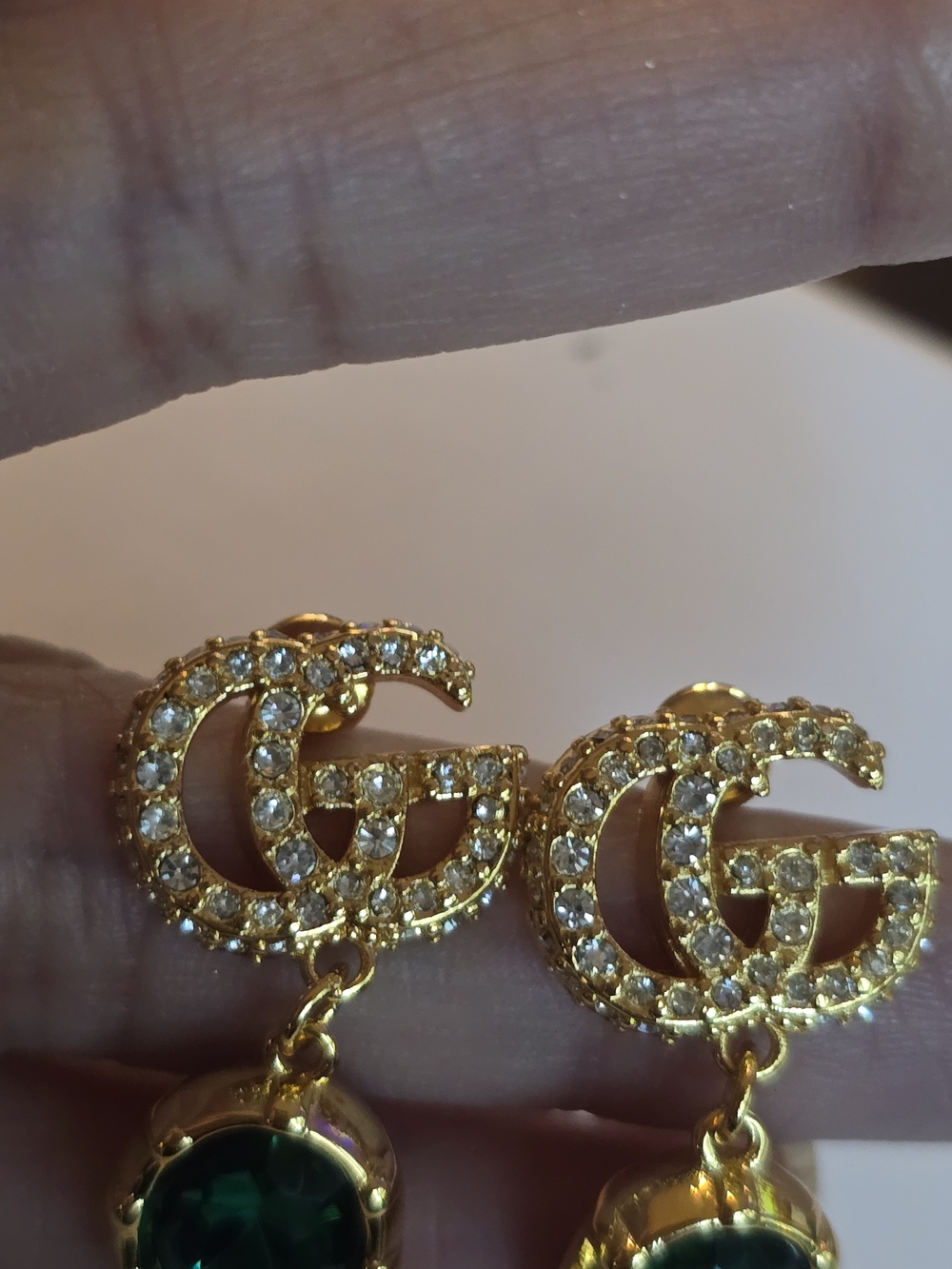 Gucci 18kgpGold-Tone Earrings with Emerald Green Gem Drops - Picture 4 of 8